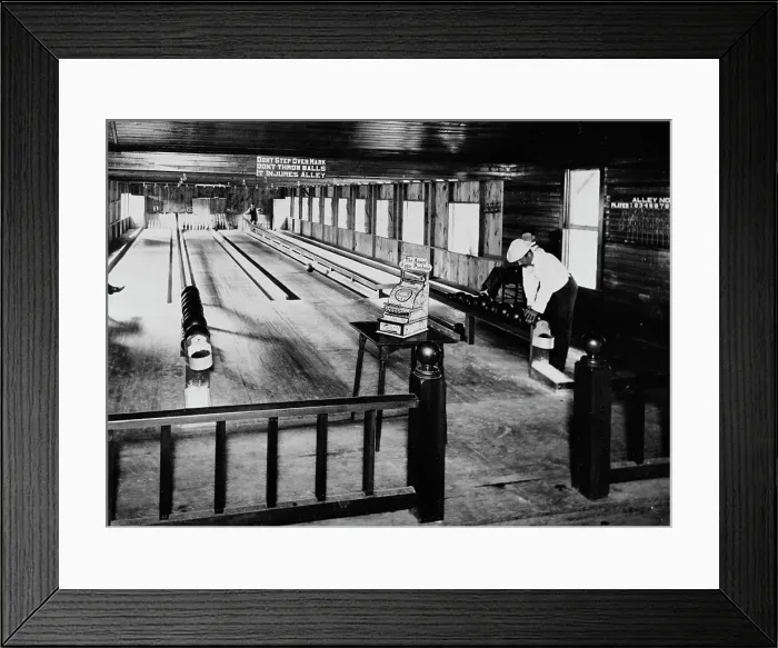 Framed Print : Olentangy Park bowling alleys, Columbus, Ohio, between 1895 and 1910. Creator: Unknown