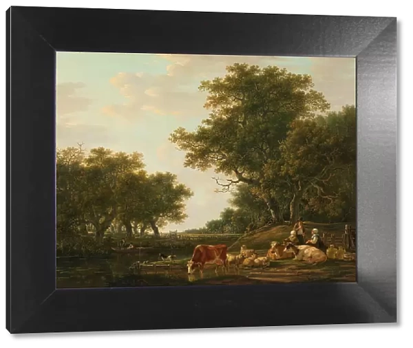 Landscape with Peasants with their Cattle and Anglers on the Water, 1800-1810. Creator: Jacob van Strij