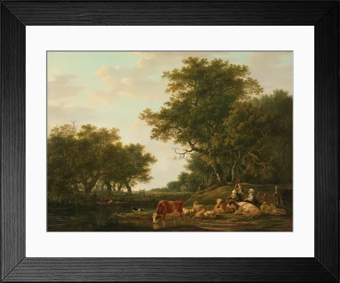 Framed Print : Landscape with Peasants with their Cattle and Anglers on the Water, 1800-1810. Creator: Jacob van Strij