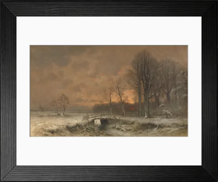 Framed Print : Winter Scene with the Sun Setting Behind Trees, 1880-1930. Creator: Louis Apol
