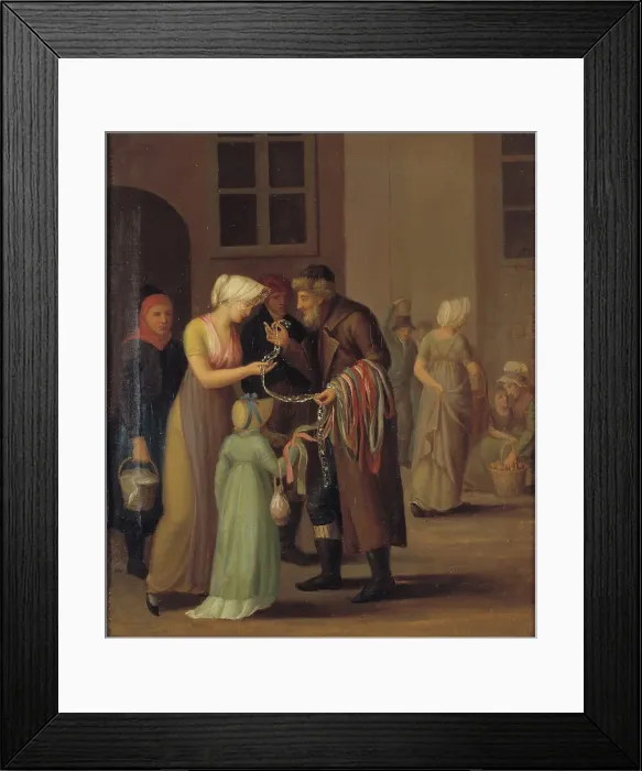 Framed Print : Street scene in Copenhagen, young woman buying lace from a Jewish trader, 1798-1802. Creator: Unknown Framed Print : Street scene in Copenhagen, young woman buying lace from a Jewish trader, 1798-1802. Creator: Unknown