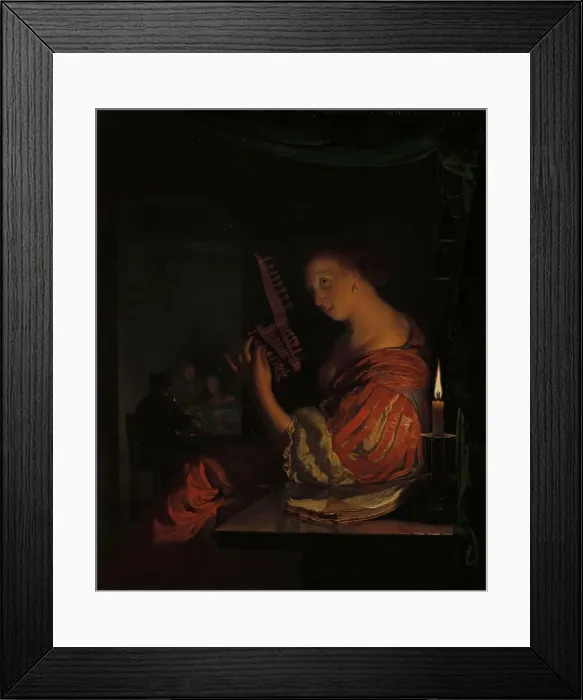 Framed Print : Woman tuning a theorbo, 1665. Creator: Frans van Mieris I Framed Print : Woman tuning a theorbo, 1665. Creator: Frans van Mieris I