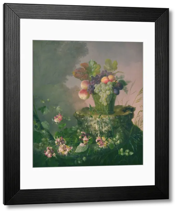 Framed Print : Basket of Flowers standing on a Tree Stump, 1814-1875. Creator: Hermania Neergaard Framed Print : Basket of Flowers standing on a Tree Stump, 1814-1875. Creator: Hermania Neergaard