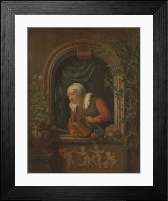 Framed Print : Woman Watering a Plant, 1720-1771. Creator: Louis de Moni Framed Print : Woman Watering a Plant, 1720-1771. Creator: Louis de Moni