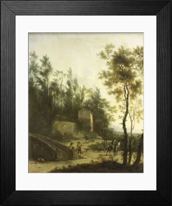 Framed Print : Italian Landscape with Hunters, 1660-1686. Creator: Frederik de Moucheron Framed Print : Italian Landscape with Hunters, 1660-1686. Creator: Frederik de Moucheron