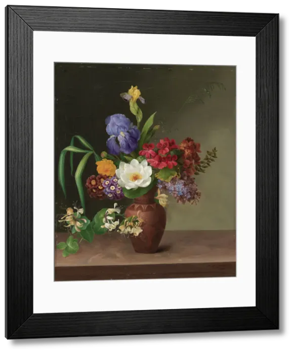 Framed Print : Greek-style vase with iris, sorrel and honeysuckle, 1831. Creator: Hermania Neergaard Framed Print : Greek-style vase with iris, sorrel and honeysuckle, 1831. Creator: Hermania Neergaard