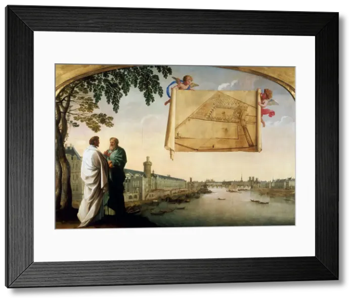Framed Print : Vue de Paris avec le plan de la Chartreuse de Paris porté par deux angelots, Second Quarter of the 1 Creator: Le Sueur, Eustache (1617-1655) Framed Print : Vue de Paris avec le plan de la Chartreuse de Paris porté par deux angelots, Second Quarter of the 1 Creator: Le Sueur, Eustache (1617-1655)