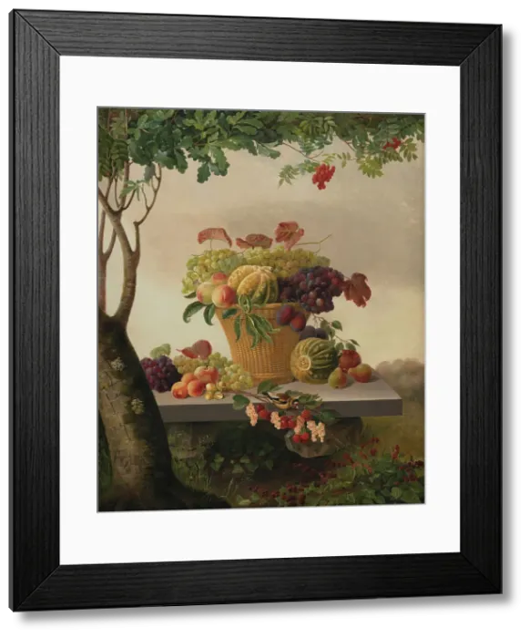 Framed Print : A Basket of Fruit in a Landscape, 1832. Creator: Christine Lovmand Framed Print : A Basket of Fruit in a Landscape, 1832. Creator: Christine Lovmand