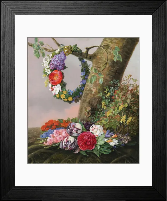 Framed Print : A bouquet of flowers at the foot of a tree; A wreath hangs on a branch, 1832. Creator: Christine Lovmand Framed Print : A bouquet of flowers at the foot of a tree; A wreath hangs on a branch, 1832. Creator: Christine Lovmand