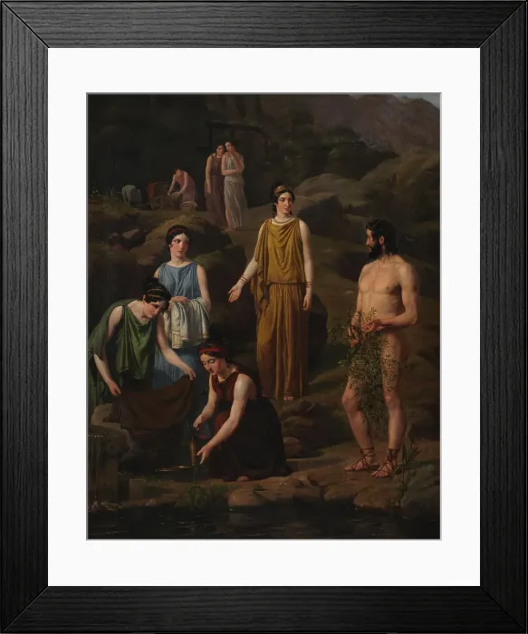 Framed Print : Nausicaa brings the shipwrecked Odysseus clothes, 1835. Creator: Wilhelm Marstrand Framed Print : Nausicaa brings the shipwrecked Odysseus clothes, 1835. Creator: Wilhelm Marstrand