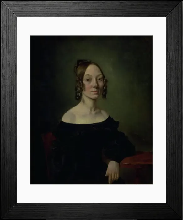 Framed Print : Portrait of a girl in a black dress sitting at table, 1835-1839. Creator: Wilhelm Bendz Framed Print : Portrait of a girl in a black dress sitting at table, 1835-1839. Creator: Wilhelm Bendz