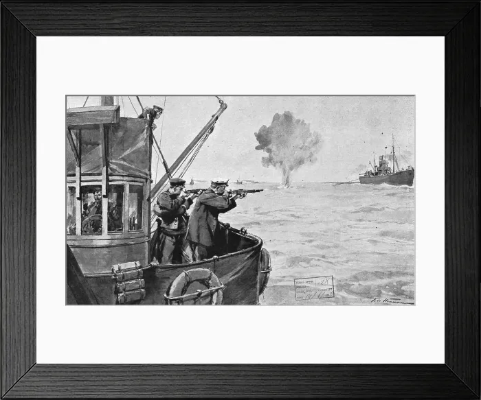 Framed Print : La flotte d'avant-garde; le dragage des mines. Une mine remotee a la surface fait explosion...1916 Creator: Frederic de Haenen Framed Print : La flotte d'avant-garde; le dragage des mines. Une mine remotee a la surface fait explosion...1916 Creator: Frederic de Haenen