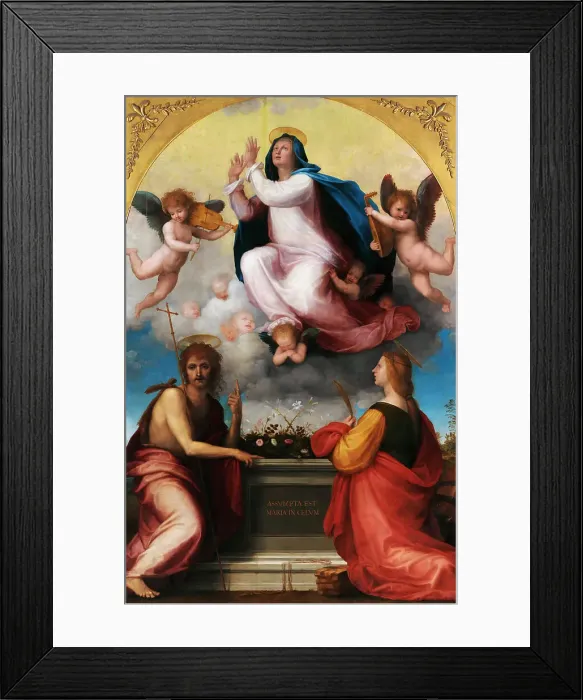 Framed Print : Assumption of the Virgin with Saint John the Baptist and Saint Catherine of Alexandria, c. 1516. Creator: Bartolommeo, Fra (1472-1517)