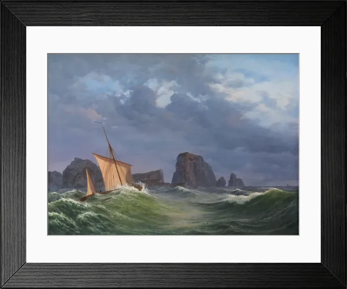 Framed Print : A Shetland fishing boat in stormy weather north of the Orkneys, 1842. Creator: Anton Melbye Framed Print : A Shetland fishing boat in stormy weather north of the Orkneys, 1842. Creator: Anton Melbye