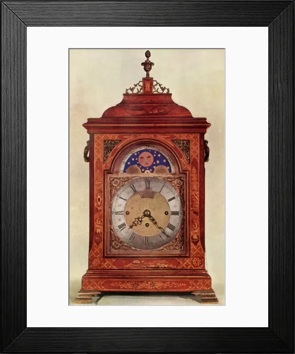 Framed Print : Chiming Mantel Clock with Moon-Work in Red and Gold Lacquer Case, 1947. Creator: Unknown Framed Print : Chiming Mantel Clock with Moon-Work in Red and Gold Lacquer Case, 1947. Creator: Unknown