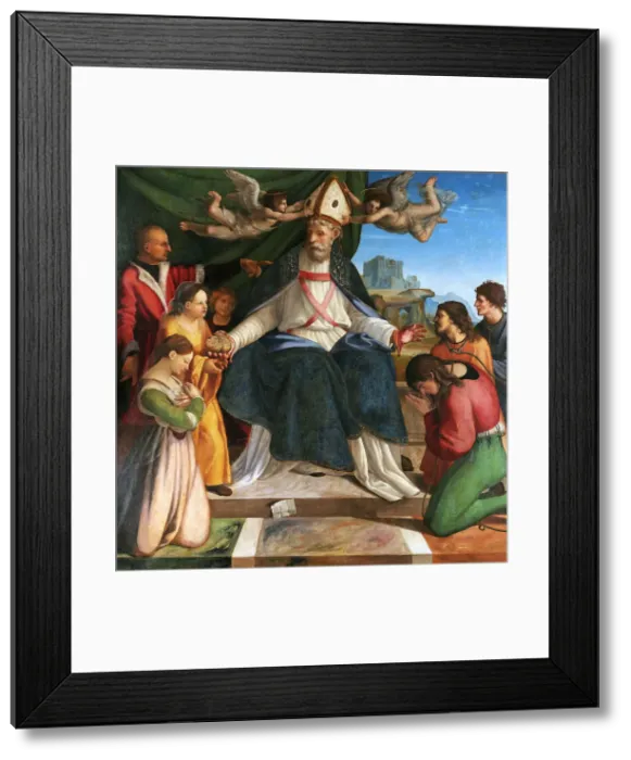 Framed Print : Saint Nicholas of Bari on the Bishop's Throne, ca 1514-1516. Creator: Sabatini, Andrea (1480-1545) Framed Print : Saint Nicholas of Bari on the Bishop's Throne, ca 1514-1516. Creator: Sabatini, Andrea (1480-1545)