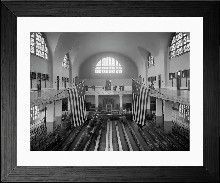 Framed Print : Inspection room, Ellis Island, New York, c.between 1910 and 1920. Creator: Unknown Framed Print : Inspection room, Ellis Island, New York, c.between 1910 and 1920. Creator: Unknown