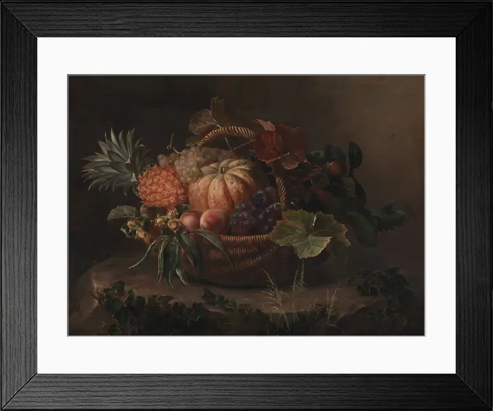 Framed Print : Basket of fruit on a tree stump, 1844. Creator: Johan Laurentz Jensen Framed Print : Basket of fruit on a tree stump, 1844. Creator: Johan Laurentz Jensen