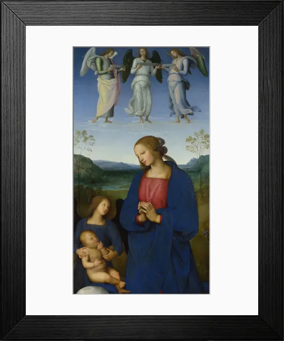 Framed Print : The Virgin and Child with an Angel (Panel from an Altarpiece, Certosa), c. 1500. Creator: Perugino (ca. 1450-1523) Framed Print : The Virgin and Child with an Angel (Panel from an Altarpiece, Certosa), c. 1500. Creator: Perugino (ca. 1450-1523)