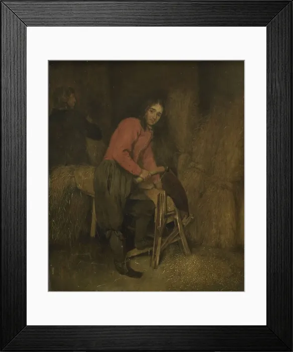 Framed Print : Trimming bales of hay, 1660-1684. Creator: Gaspar Netscher Framed Print : Trimming bales of hay, 1660-1684. Creator: Gaspar Netscher