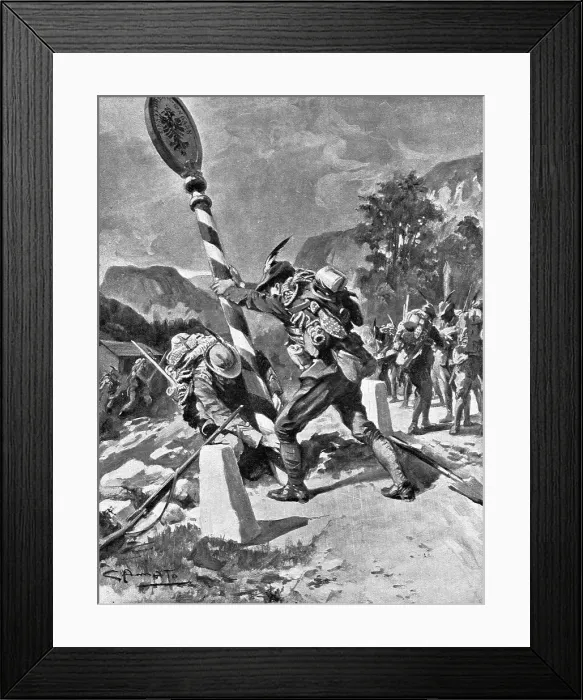 Framed Print : les premieres operations Italiennes; les Alpini renversent le poteau frontiere, 1915. Creator: G d'Amalo. les premieres operations Italiennes; les Alpini renversent le poteau frontiere, 1915. Creator: G d'Amalo Framed Print : les premieres operations Italiennes; les Alpini renversent le poteau frontiere, 1915. Creator: G d'Amalo. les premieres operations Italiennes; les Alpini renversent le poteau frontiere, 1915. Creator: G d'Amalo