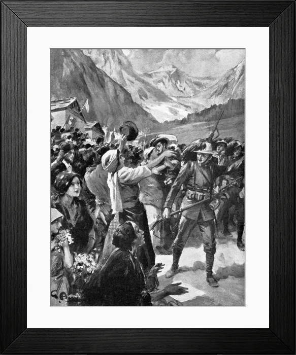 Framed Print : les premieres operations Italiennes; la population de Cormons accueille les bersaglieri, 1915. Creator: Unknown Framed Print : les premieres operations Italiennes; la population de Cormons accueille les bersaglieri, 1915. Creator: Unknown
