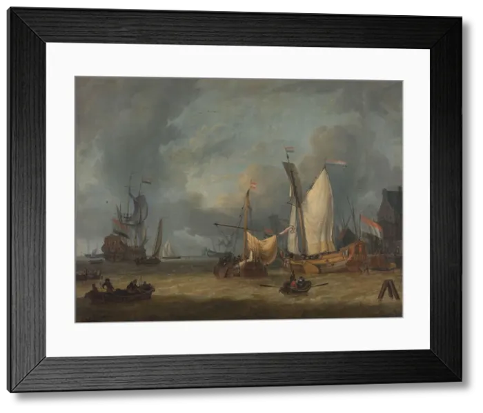 Framed Print : A Storm (Ships in the Harbor in a Stiff Breeze), 1675-1719. Creator: Jan Claesz Rietschoof Framed Print : A Storm (Ships in the Harbor in a Stiff Breeze), 1675-1719. Creator: Jan Claesz Rietschoof
