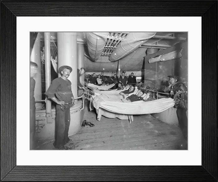Framed Print : U.S.S. Brooklyn, hammocks on deck, between 1896 and 1899. Creator: Unknown Framed Print : U.S.S. Brooklyn, hammocks on deck, between 1896 and 1899. Creator: Unknown