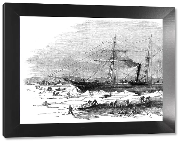 Navigation of the Elbe - the Steamer 'Pollux' cutting through the ice at Altona, 1856. Creator: Unknown. Navigation of the Elbe - the Steamer 'Pollux' cutting through the ice at Altona, 1856. Creator: Unknown