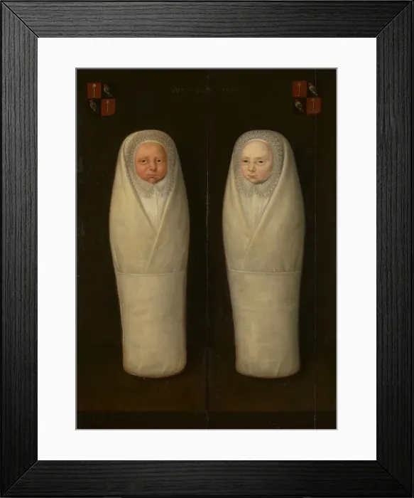 Framed Print : Portrait of Swaddled Twins: The Early-Deceased Children of Jacob de Graeff and Aeltge Boelens, c1617 Creator: Unknown Framed Print : Portrait of Swaddled Twins: The Early-Deceased Children of Jacob de Graeff and Aeltge Boelens, c1617 Creator: Unknown