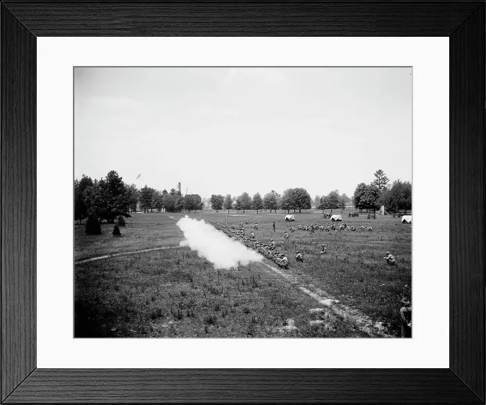 Framed Print : Battalion firing, kneeling, M[ichigan] M[ilitary] A[cademy], Orchard Lake, Michigan, c1900. Creator: Unknown