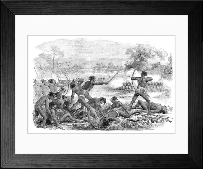 Framed Print : Attack by 600 Santhals upon a party of 50 Sepoys, 40th Regiment Native Infantry, 1856. Creator: Unknown Framed Print : Attack by 600 Santhals upon a party of 50 Sepoys, 40th Regiment Native Infantry, 1856. Creator: Unknown