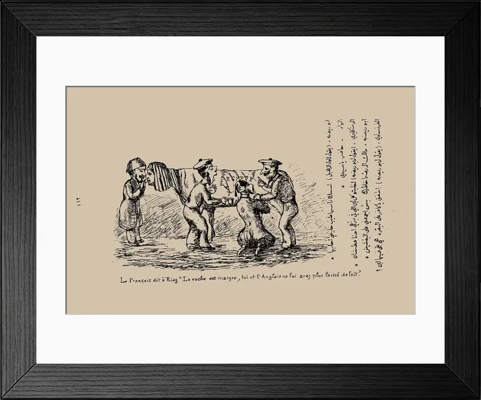 Framed Print : The Frenchman says to Riaz, The cow is meagre, you and the British have not left any milk in it'. C Creator: Sanua (Sanu, Sannu), James (Yaqub, Jacques), (Abou Naddara) (1839-1912). The Frenchman says to Riaz, The cow is meagre Framed Print : The Frenchman says to Riaz, The cow is meagre, you and the British have not left any milk in it'. C Creator: Sanua (Sanu, Sannu), James (Yaqub, Jacques), (Abou Naddara) (1839-1912). The Frenchman says to Riaz, The cow is meagre