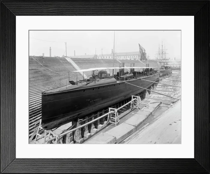 Framed Print : U.S.S. Ericsson in dry dock, Brooklyn Navy Yard, between 1897 and 1901. Creator: Unknown Framed Print : U.S.S. Ericsson in dry dock, Brooklyn Navy Yard, between 1897 and 1901. Creator: Unknown