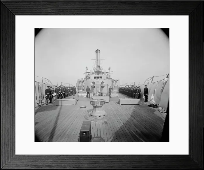Framed Print : U.S.S. Iowa, looking forward from quarter deck at inspection, between 1897 and 1901. Creator: Unknown Framed Print : U.S.S. Iowa, looking forward from quarter deck at inspection, between 1897 and 1901. Creator: Unknown