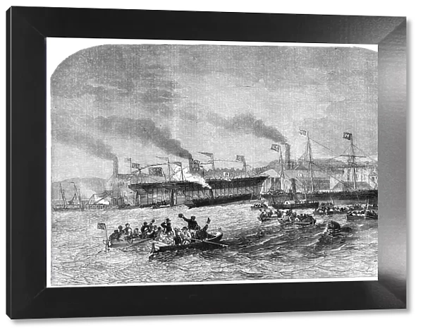 Launch of Three Iron Screw Steam-Vessels, at Newcastle-on-Tyne, 1856. Creator: Unknown
