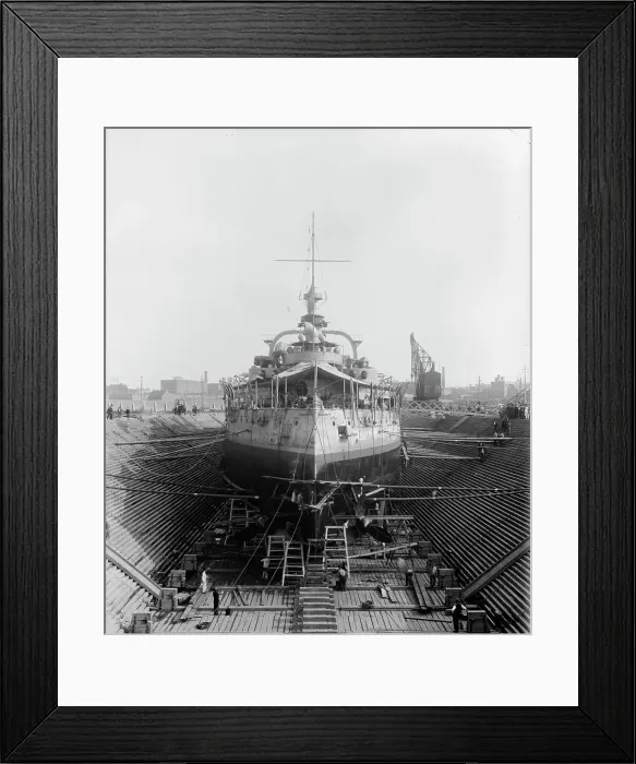 Framed Print : U.S.S. Massachusetts in dry dock, between 1896 and 1901. Creator: Unknown