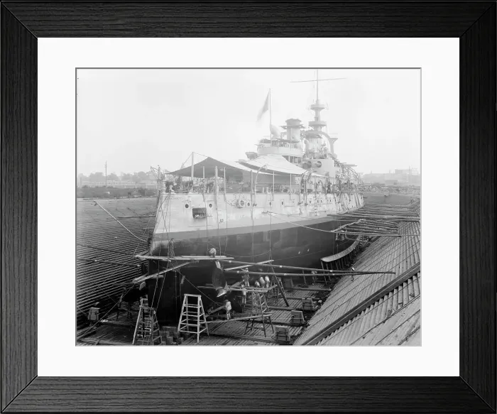 Framed Print : U.S.S. Massachusetts in dry dock, between 1896 and 1901. Creator: Unknown