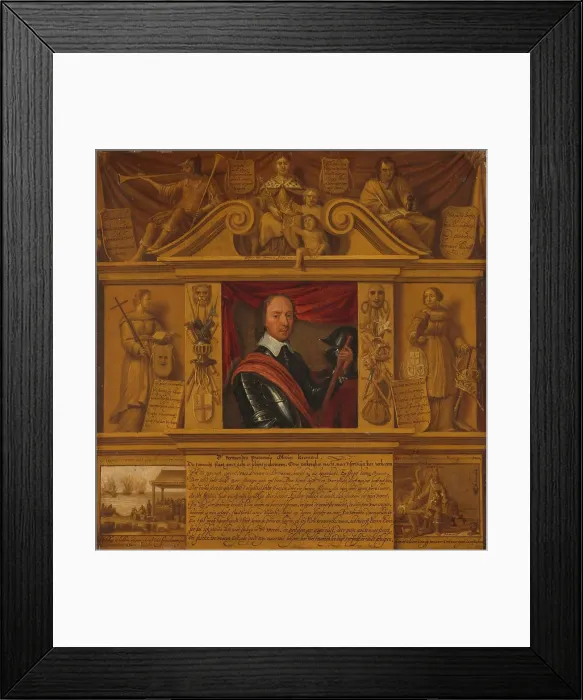 Framed Print : Portrait of Oliver Cromwell, in a Frame with Allegorical Figures and Historical Rep... c.1650. Creator: Unknown Framed Print : Portrait of Oliver Cromwell, in a Frame with Allegorical Figures and Historical Rep... c.1650. Creator: Unknown