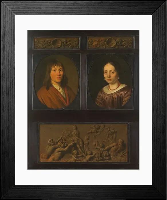 Framed Print : Portraits of a Man and a Woman framed with two ornamental frieze miniatures with shell motif and a T Creator: Pieter Cornelisz. van Slingeland Framed Print : Portraits of a Man and a Woman framed with two ornamental frieze miniatures with shell motif and a T Creator: Pieter Cornelisz. van Slingeland