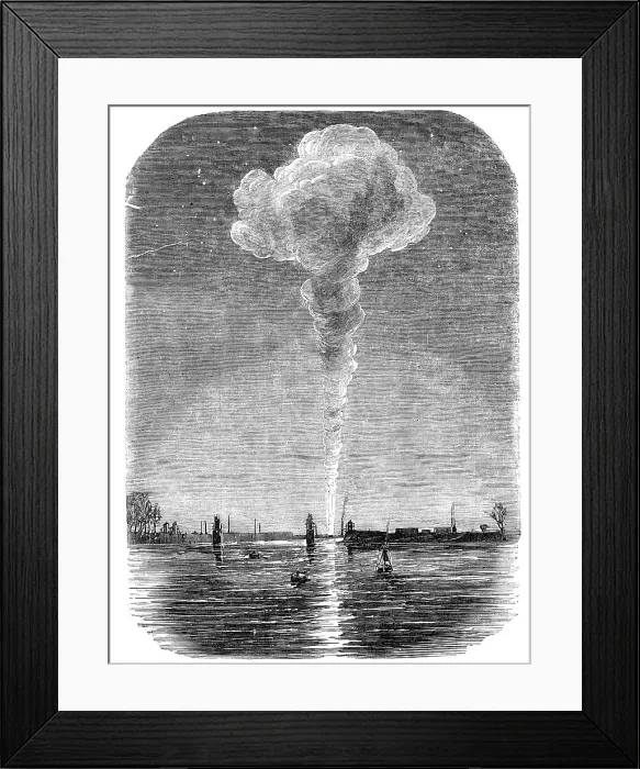 Framed Print : The Burning of the Vauxhall Railway Station, seen from Battersea-Bridge, 1856. Creator: Unknown Framed Print : The Burning of the Vauxhall Railway Station, seen from Battersea-Bridge, 1856. Creator: Unknown