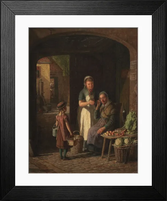 Framed Print : A maid shows her lover's portrait to a vegetable-seller, 1880. Creator: David Monies Framed Print : A maid shows her lover's portrait to a vegetable-seller, 1880. Creator: David Monies