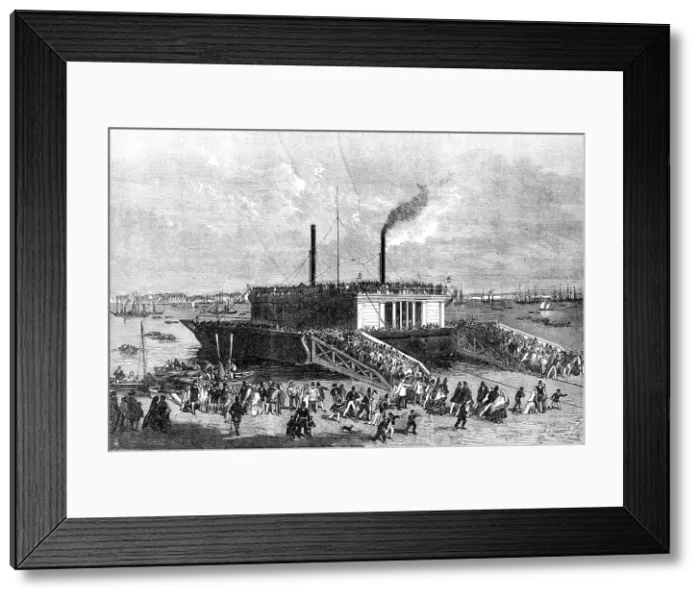 Framed Print : The Grand Naval Review, at Spithead: Excursionists on the Floating-Bridge at Portsmouth, 1856. Creator: Edmund Evans Framed Print : The Grand Naval Review, at Spithead: Excursionists on the Floating-Bridge at Portsmouth, 1856. Creator: Edmund Evans