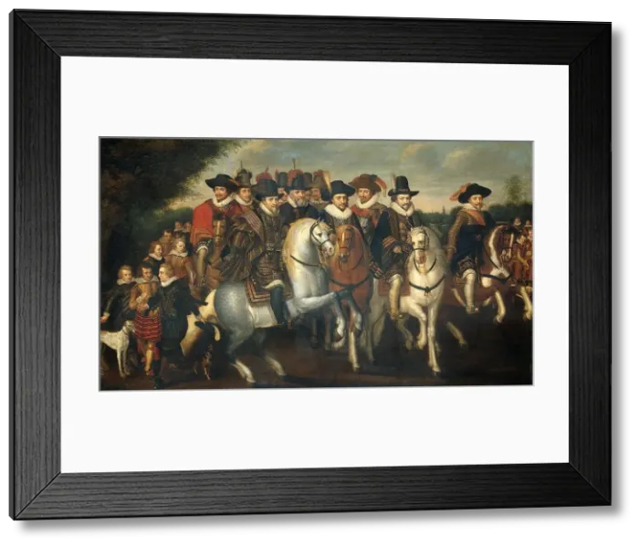 Framed Print : Prince Maurice Accompanied by his two Brothers, Frederick V, Elector Palatine, and Counts... c.1625 Creator: Follower of Adriaen Pietersz van de Venne Framed Print : Prince Maurice Accompanied by his two Brothers, Frederick V, Elector Palatine, and Counts... c.1625 Creator: Follower of Adriaen Pietersz van de Venne