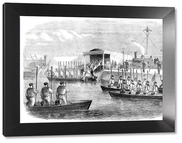 The Naval Review: the Queen and Royal Family embarking at Portsmouth - sketched by R. Landells, 1856 Creator: Unknown