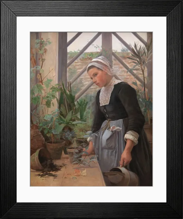 Framed Print : Breton Girl Looking After Plants in the Hothouse, 1884. Creator: Anna Petersen