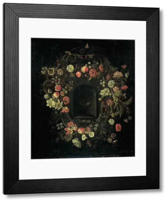 Framed Print : Wreath of Flowers encircling a Niche, 1659-1663. Creator: Karel Batist Framed Print : Wreath of Flowers encircling a Niche, 1659-1663. Creator: Karel Batist