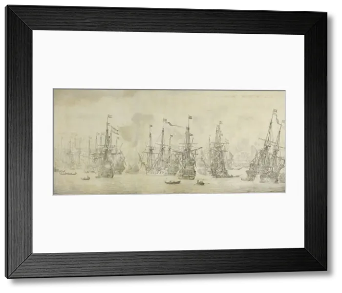 Framed Print : The Failed Attack of the English on the Return Fleet in the Port of Bergen, Norway, 12 August 1665: Creator: Willem van de Velde I. The Failed Attack of the English on the Return Fleet in the Port of Bergen, Norway
