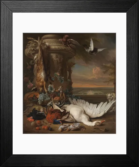 Framed Print : Hunting and Fruit Still Life next to a Garden Vase, with a Monkey, Dog and two Doves... 1714. Creator: Jan Weenix Framed Print : Hunting and Fruit Still Life next to a Garden Vase, with a Monkey, Dog and two Doves... 1714. Creator: Jan Weenix