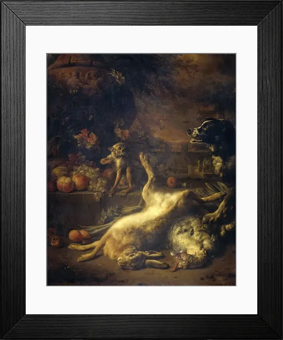 Framed Print : A Monkey and a Dog with Dead Game and Fruit, 1704. Creator: Jan Weenix Framed Print : A Monkey and a Dog with Dead Game and Fruit, 1704. Creator: Jan Weenix